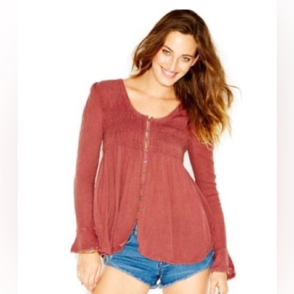 Free People Bluebird Smocked Peasant Top